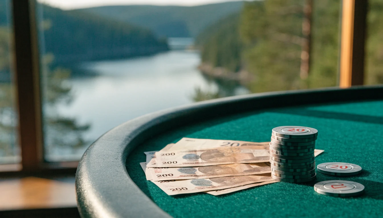 Norske 200-kroner sedler ved siden av casinobrikker på grønt filtunderlag