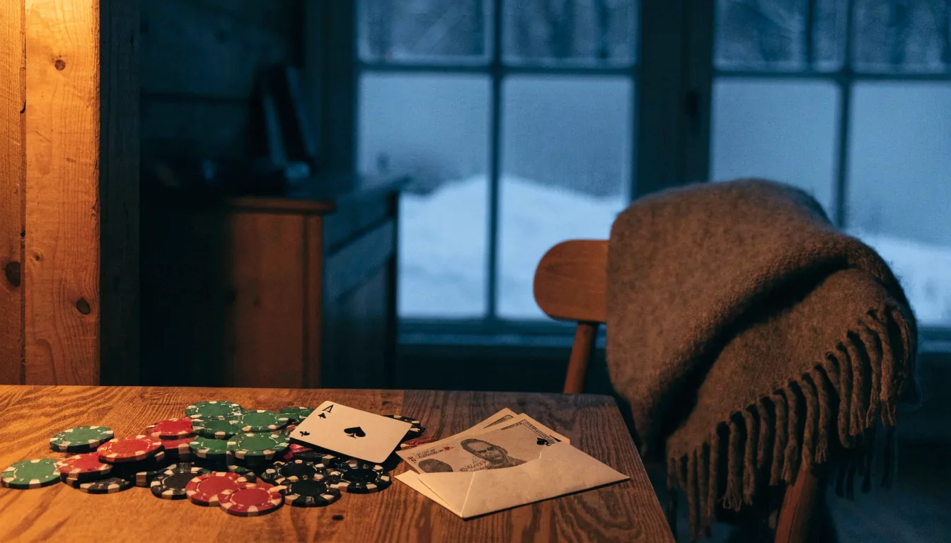 Casino-brikker, kort og norske kroner på et trebord i en hytte