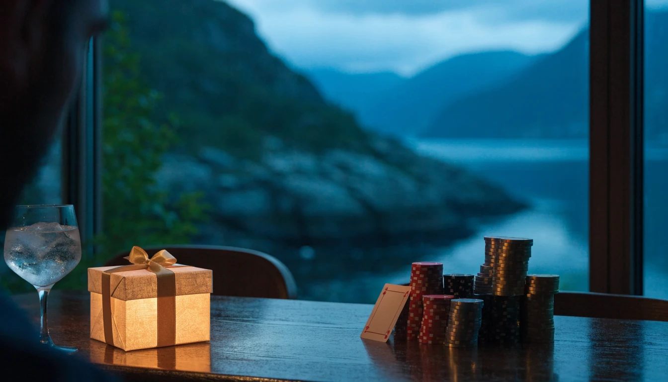 Casinochips, gave og kort ved et norsk fjordlandskap i skumringen