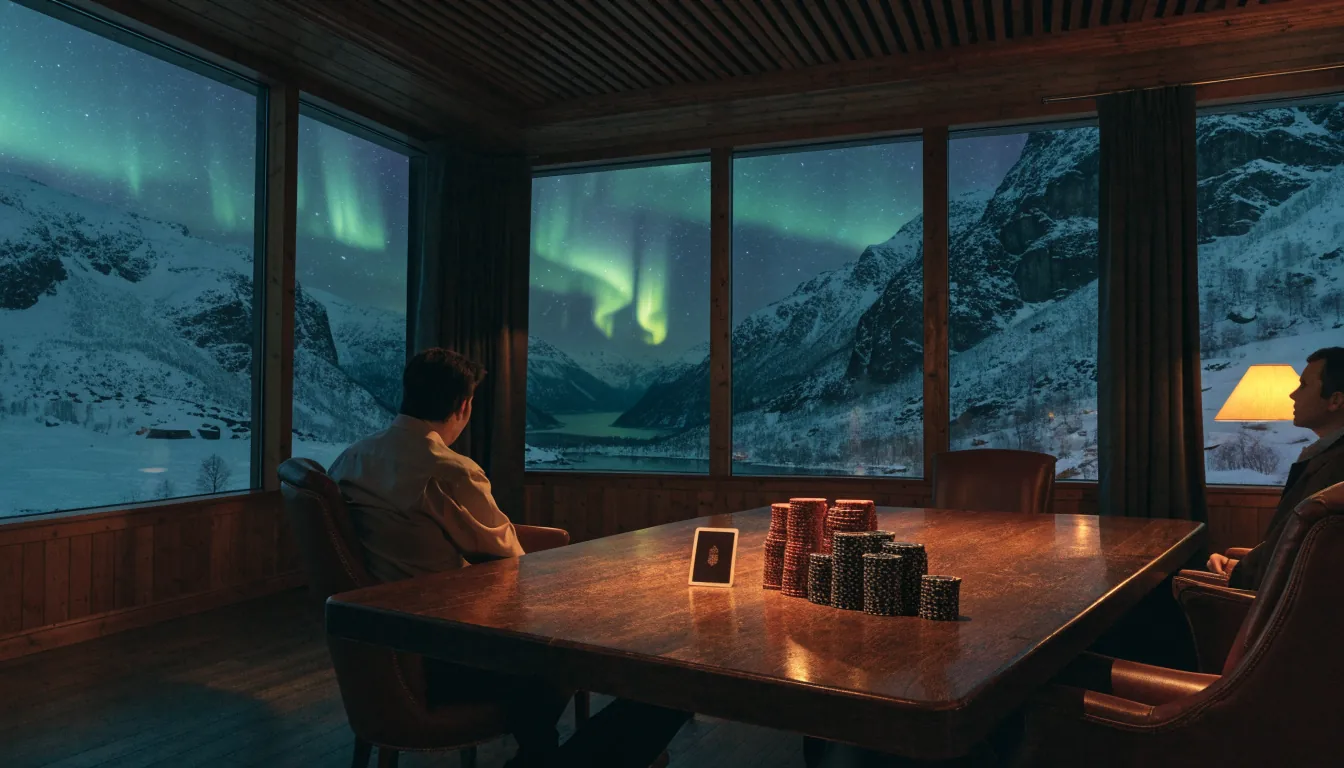 Elegant norsk casinolounge med baccarat-bord og nordlys