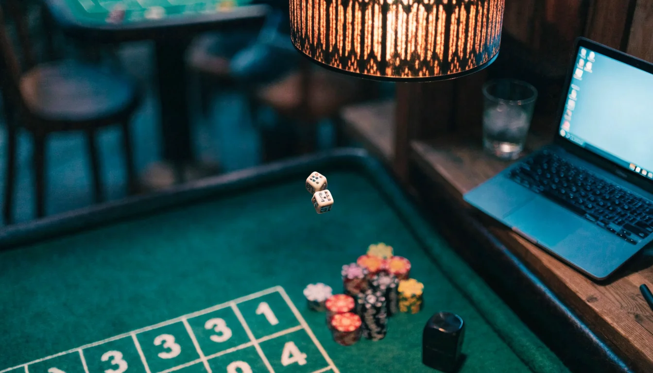 Grønt craps-bord med terninger og jetonger i et nettcasino