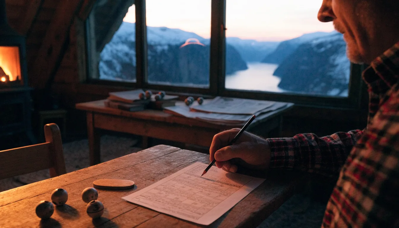 Norsk mann i hytte ved fjorden spiller keno med penn og kupong