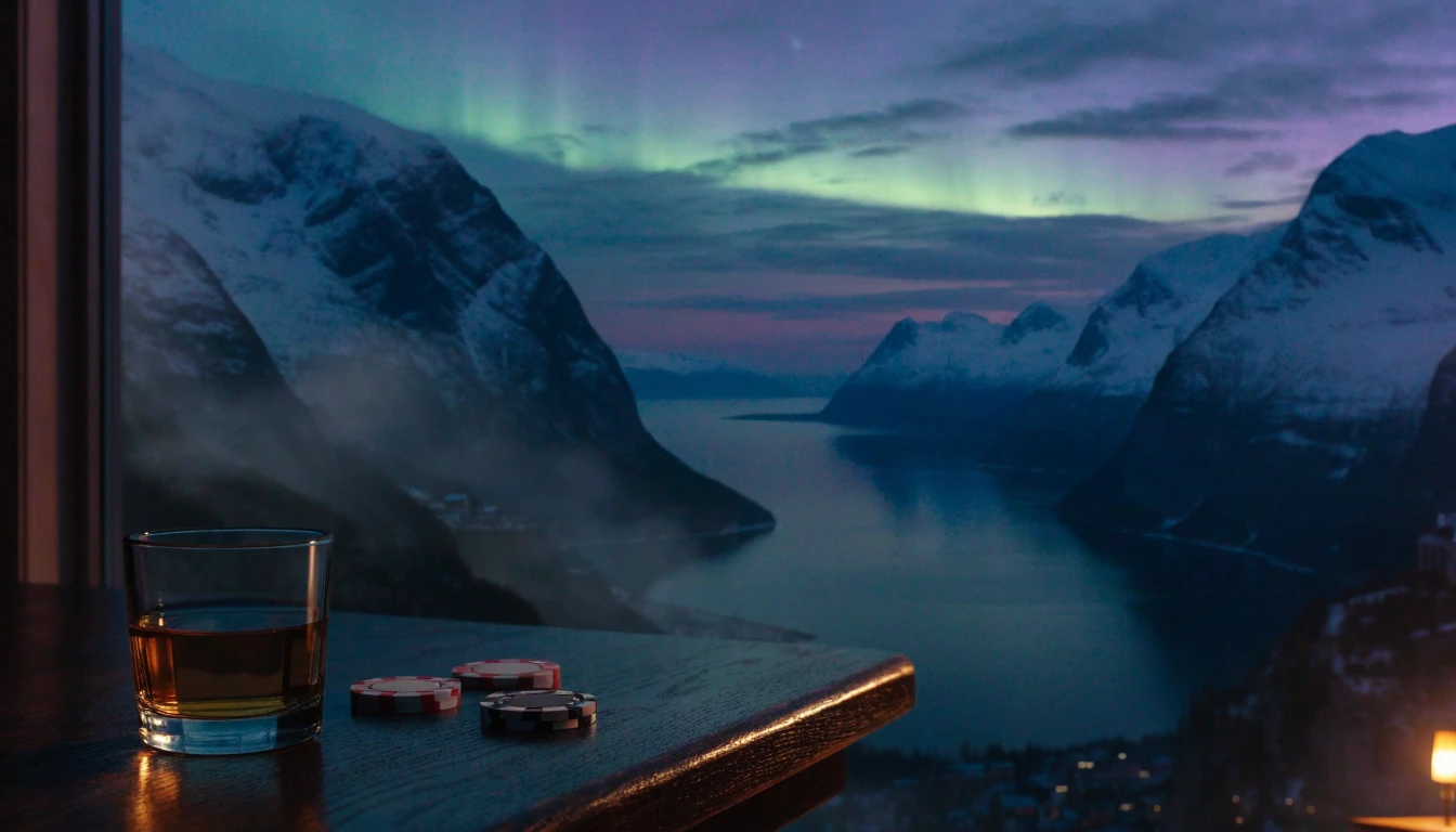 Norsk fjord ved skumring med whiskey-glass og kasinobrikker på bordet