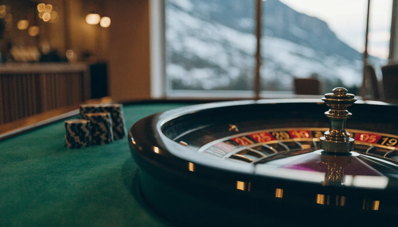 Roulettehjul og jetonger på et elegant casinobord i norsk stil