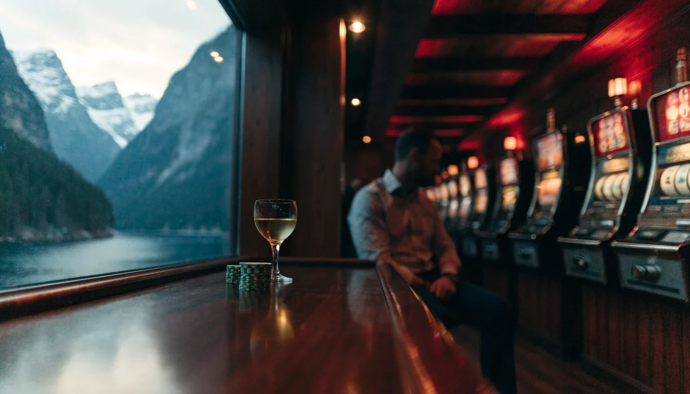 Interiør av et norsk casino med spilleautomater, jetonger og utsikt over snødekt fjord.