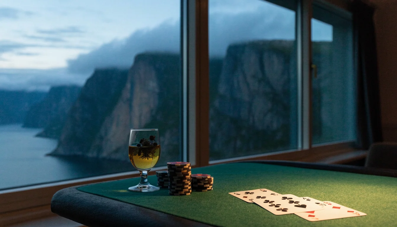 Blackjack-bord med kort og sjetonger ved et norsk fjordvindu i skumringen