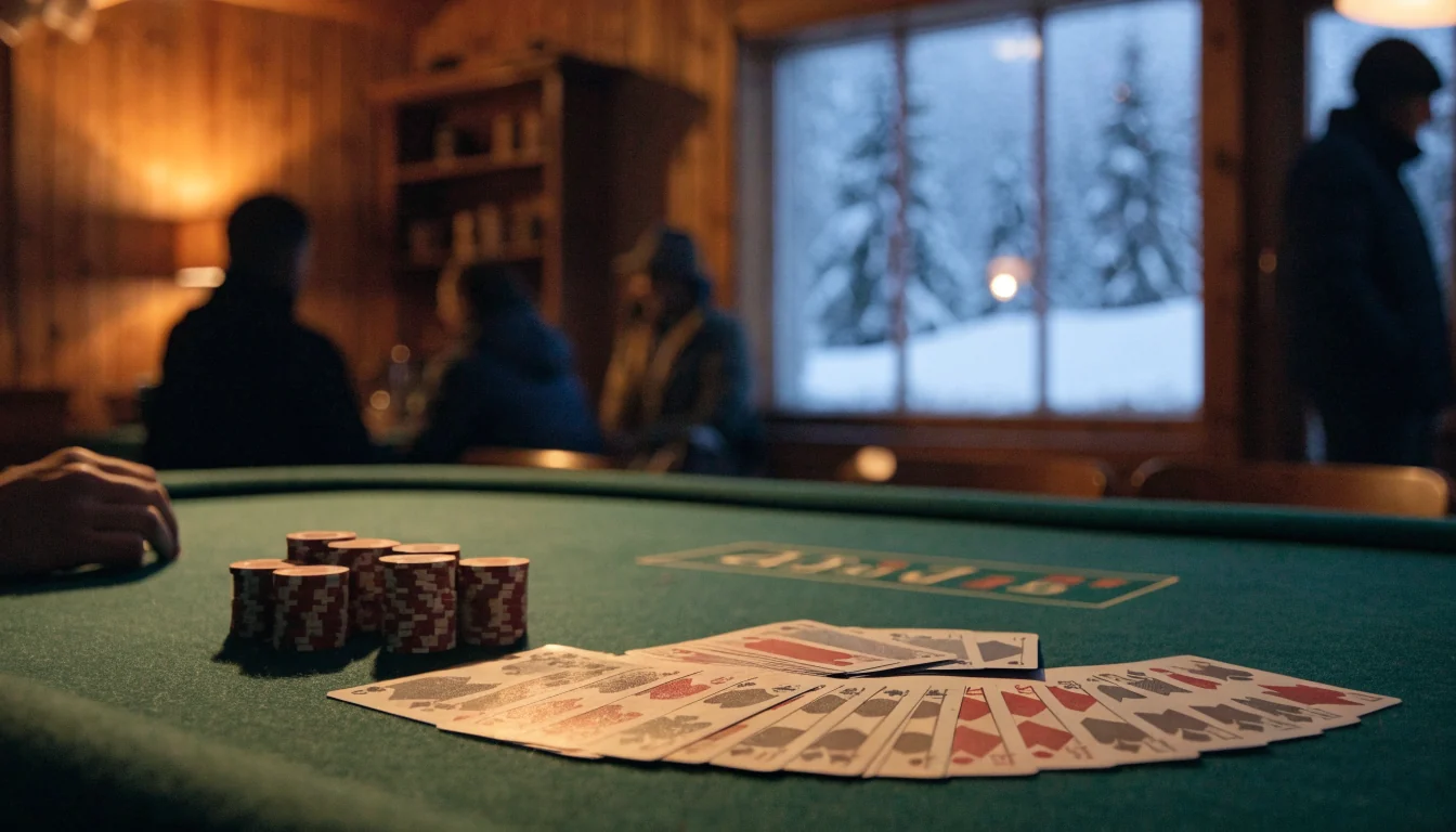 Blackjack-bord med sjetonger og kort i en norsk tømmerhytte