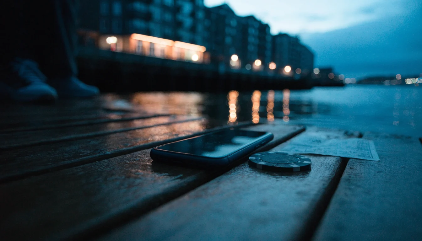 Smarttelefon vendt ned på en brygge i en norsk havn ved skumring