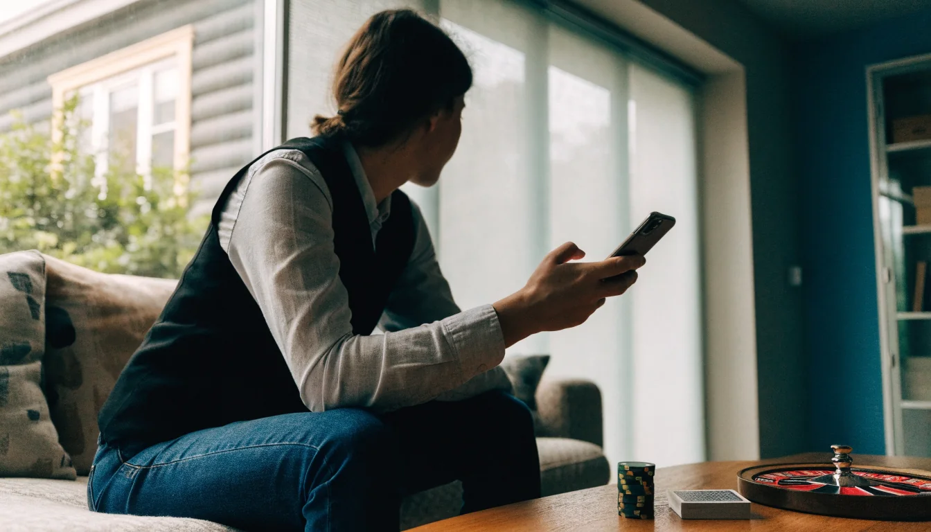Person med telefon ved kaffebordet, casinobrikker og rulett som rekvisitt