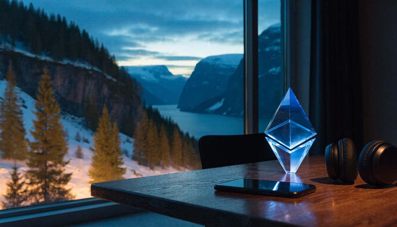 Ethereum-krystall på bord med norsk fjordlandskap i bakgrunnen