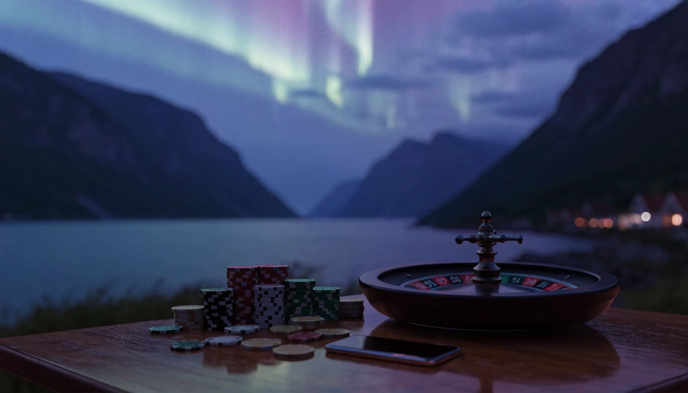 Norsk fjordlandskap med casinochips og roulette på bordet