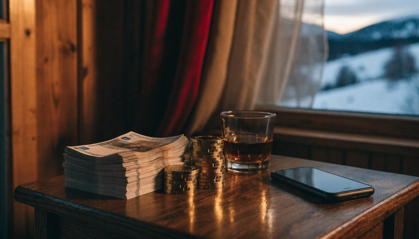 Stabel med norske kroner og casinobrikker på et skrivebord i en norsk hytte