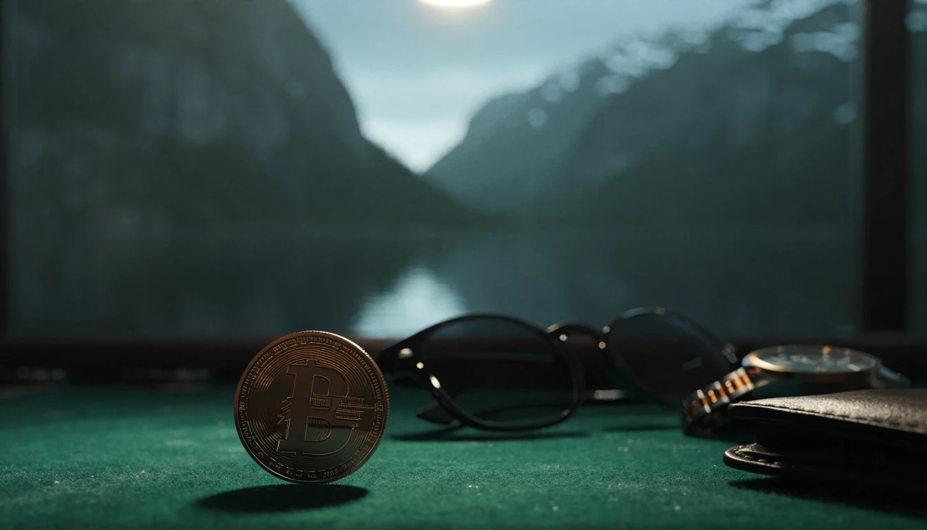 Litecoin-mynt på casinobord med norske fjorder i bakgrunnen