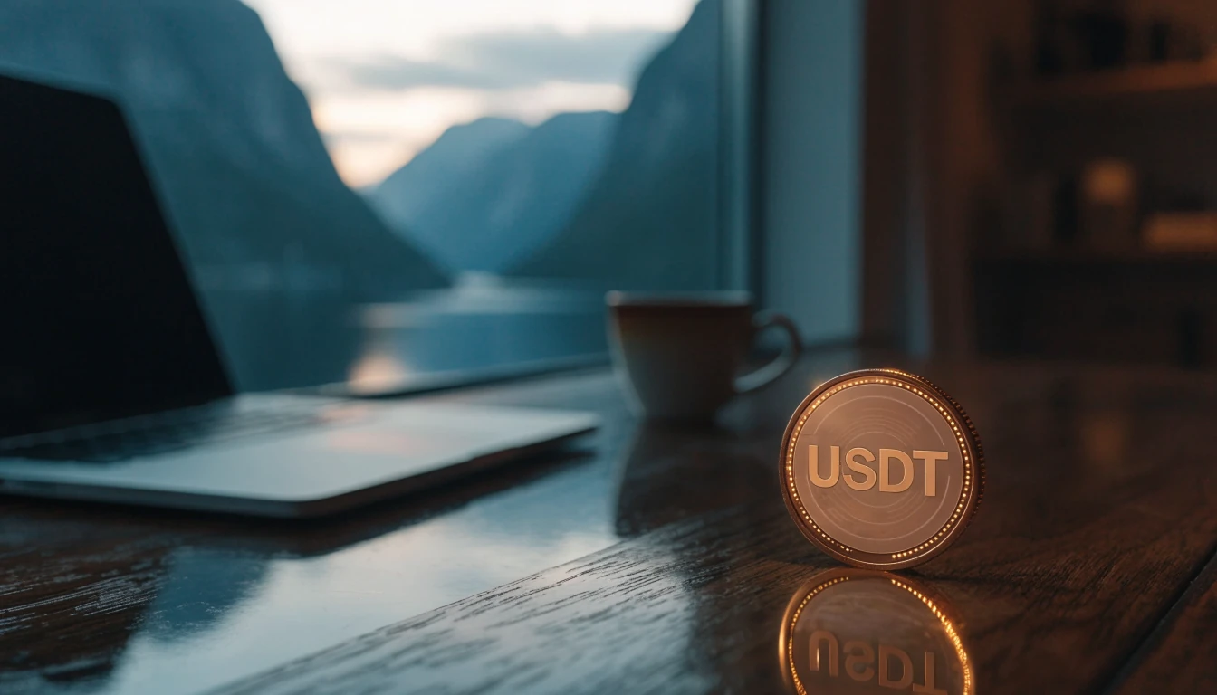 USDT-token ved et vindu med utsikt over en norsk fjord