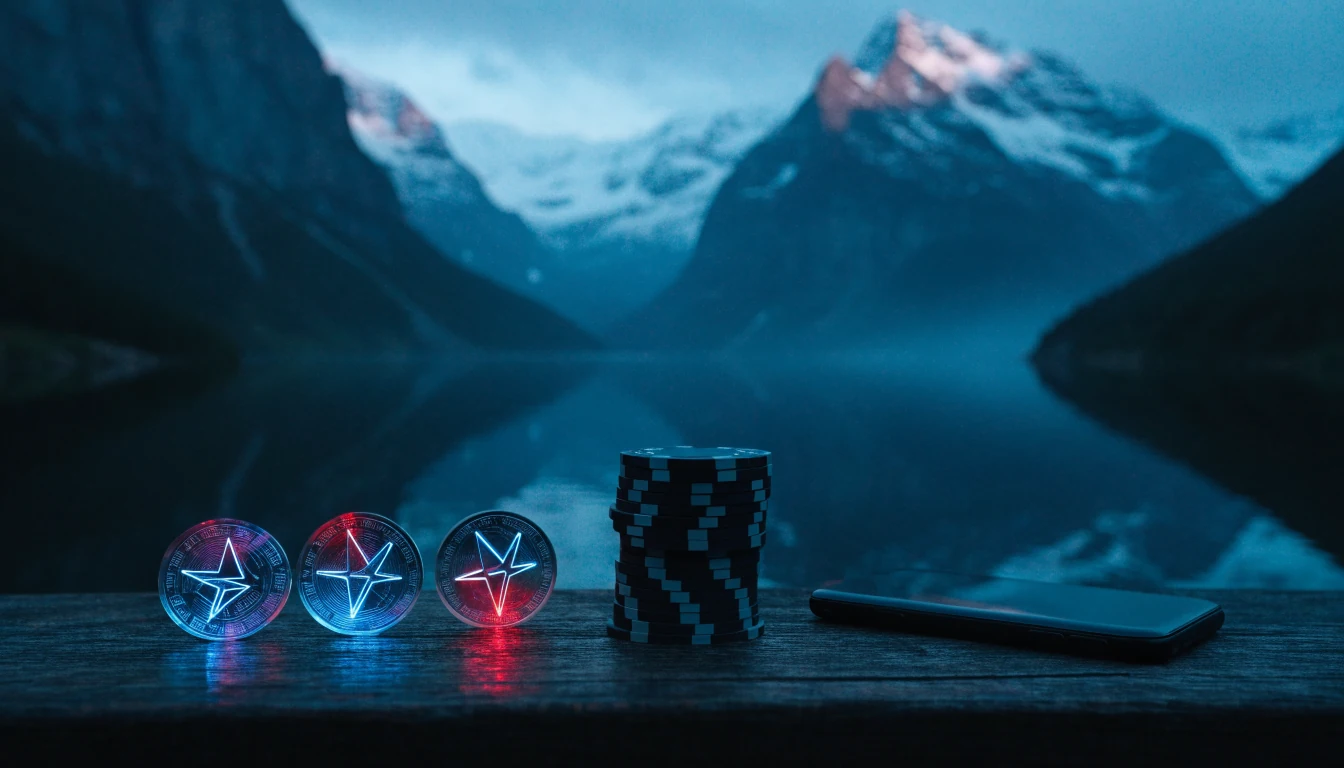 Norsk fjord ved skumring med TRX-mynter og pokerjetonger på et trebord