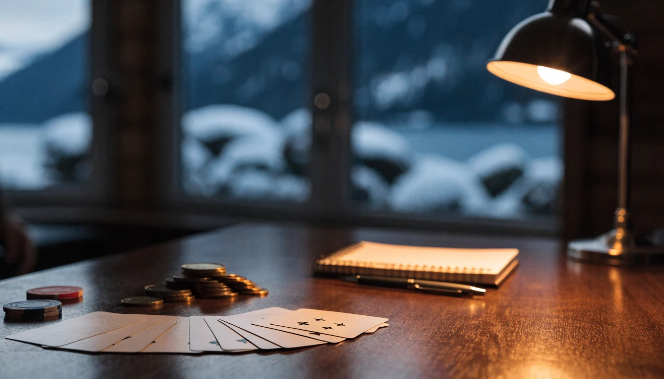 Casinochips, kort og gullmynter på et trebord i norsk hytte