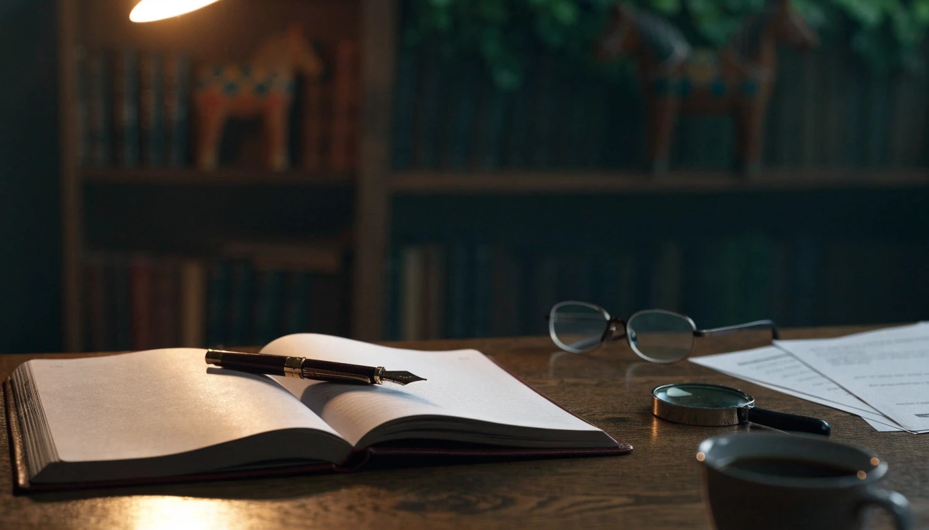 Notebook med lesebriller og lupe på skrivebord ved siden av en Dala-hest