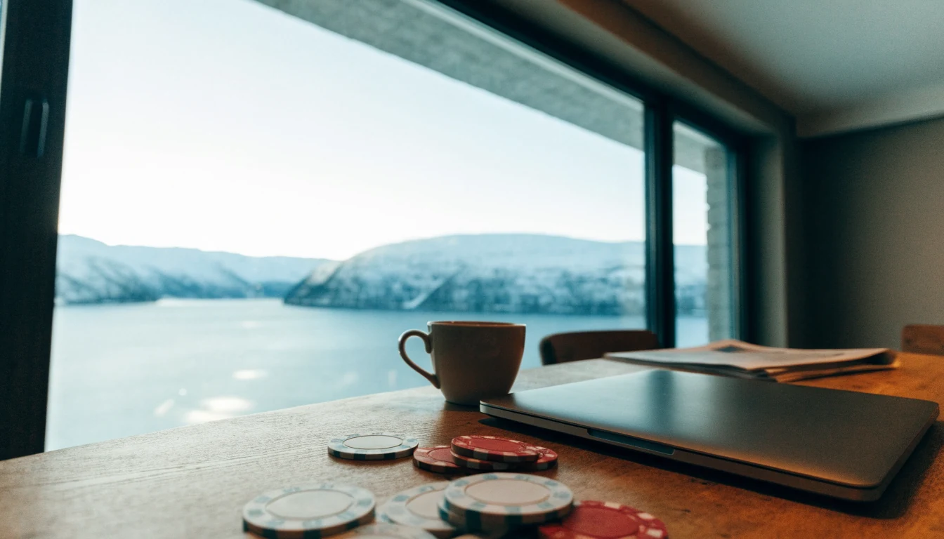Lukket laptop og pokerjetonger på et trebord i en norsk hytte med fjordutsikt