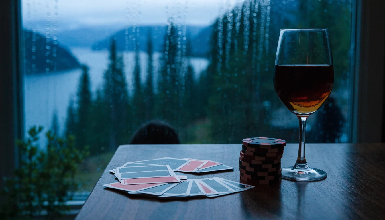 Spillkort og casinobrikker på et norsk bord ved en fjord