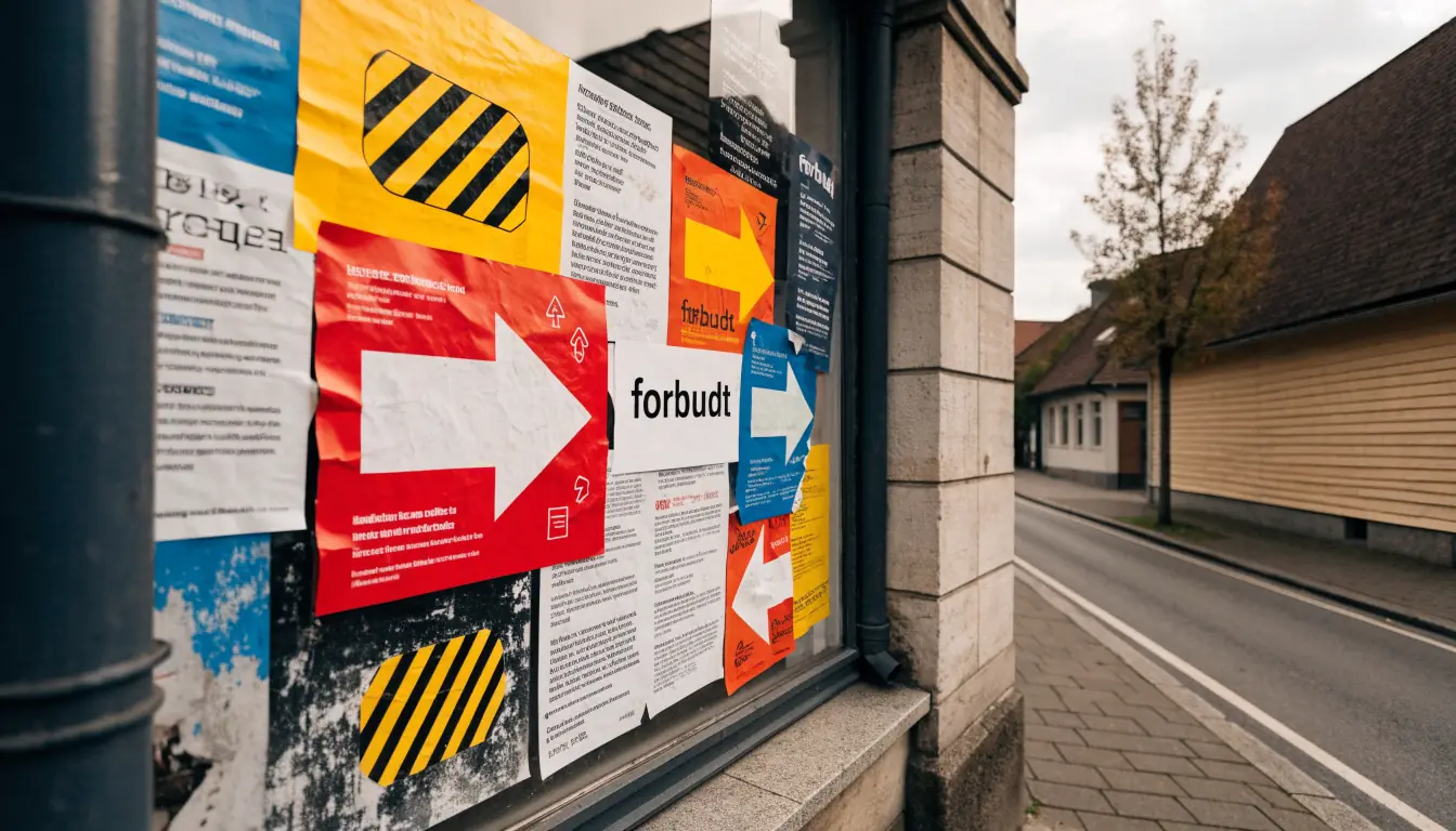 Butikkvindu med reklameplakater i norsk småby