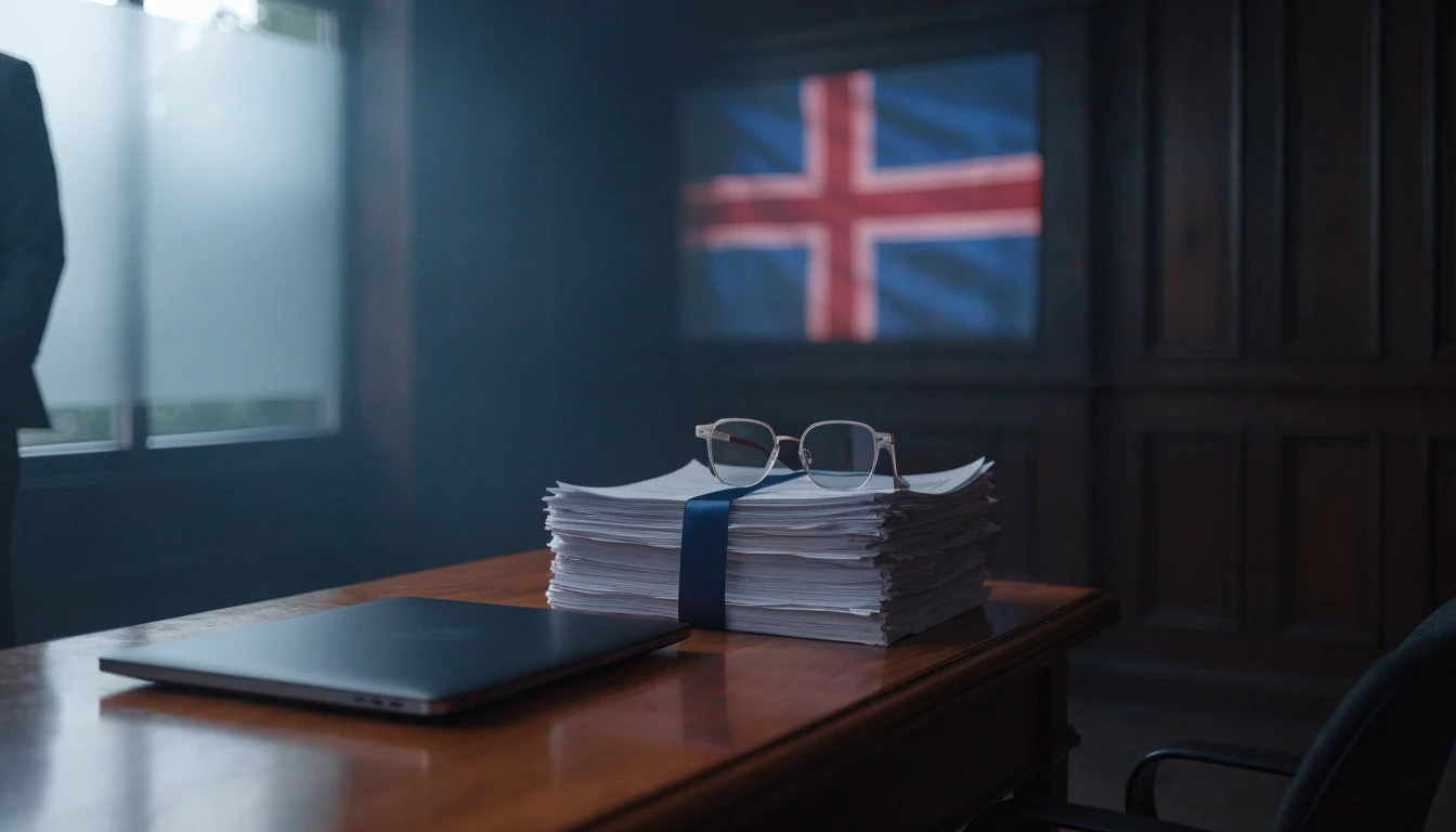 Lukket laptop og juridiske dokumenter på skrivebord foran norsk flagg