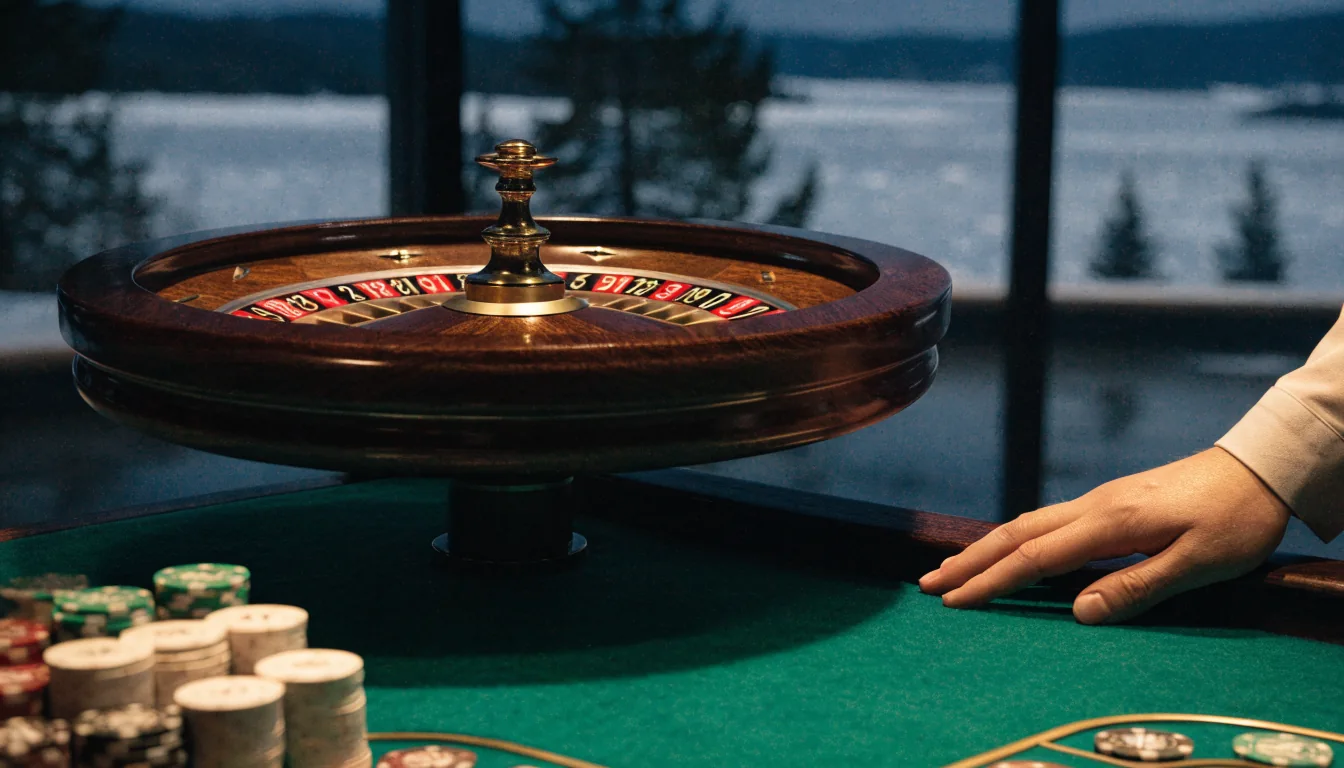 Live roulette-studio med ekte hjul og norsk vinterlandskap i bakgrunnen