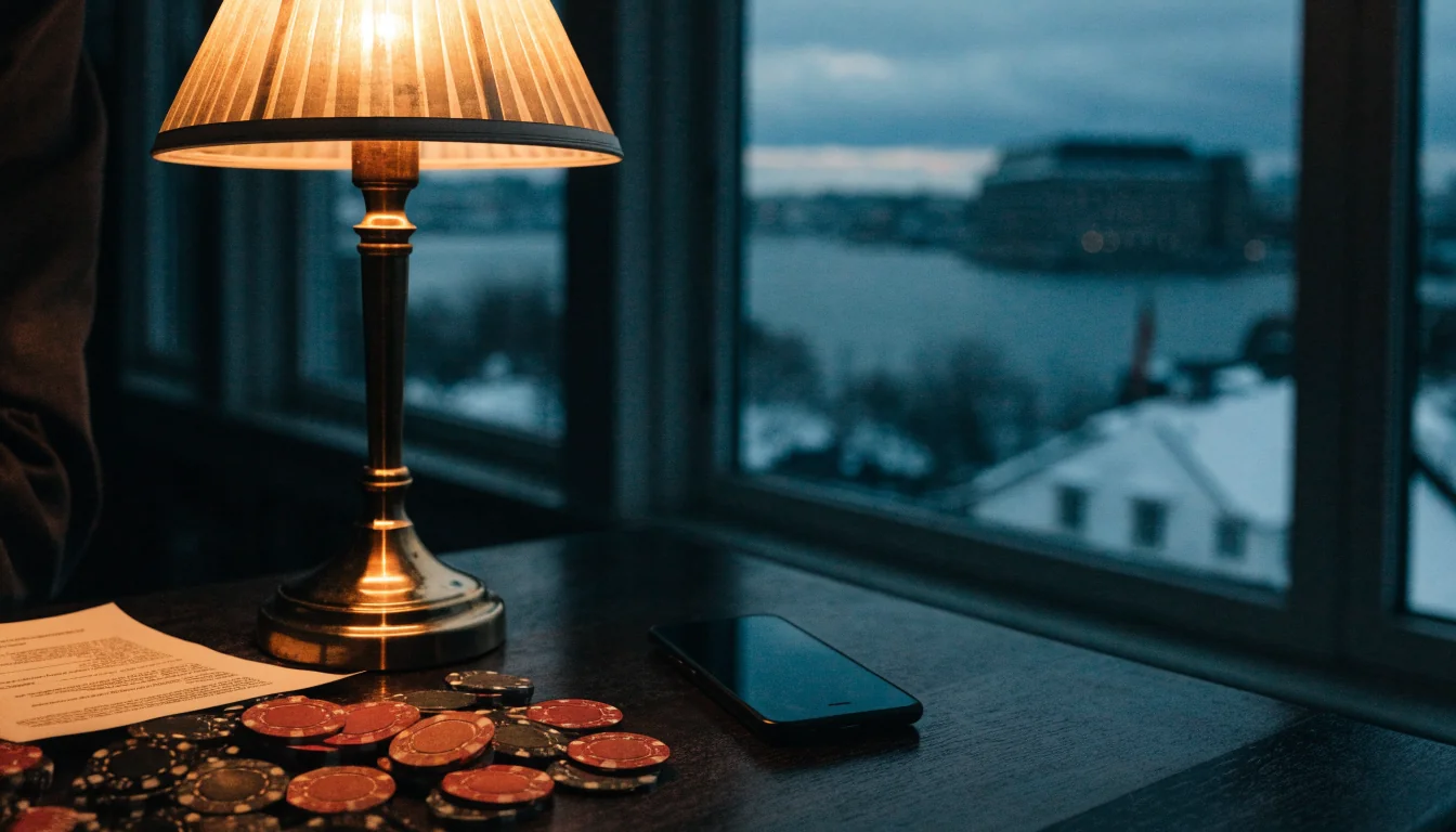 Norske casinobrikker på et mørkt bord med et nedlagt dokument om spilleregulering