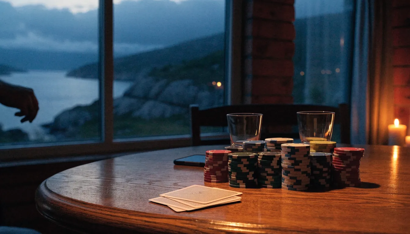 Koselig nordisk stue med casinobrikker og spillkort på trebord ved fjordvindu