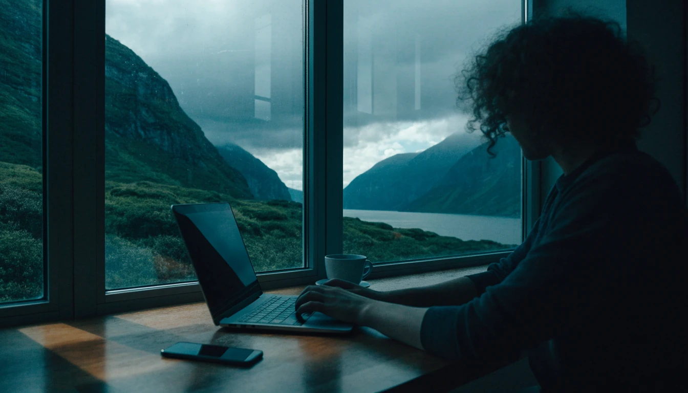 Person ved skrivebord med laptop i norsk hjem med fjordutsikt