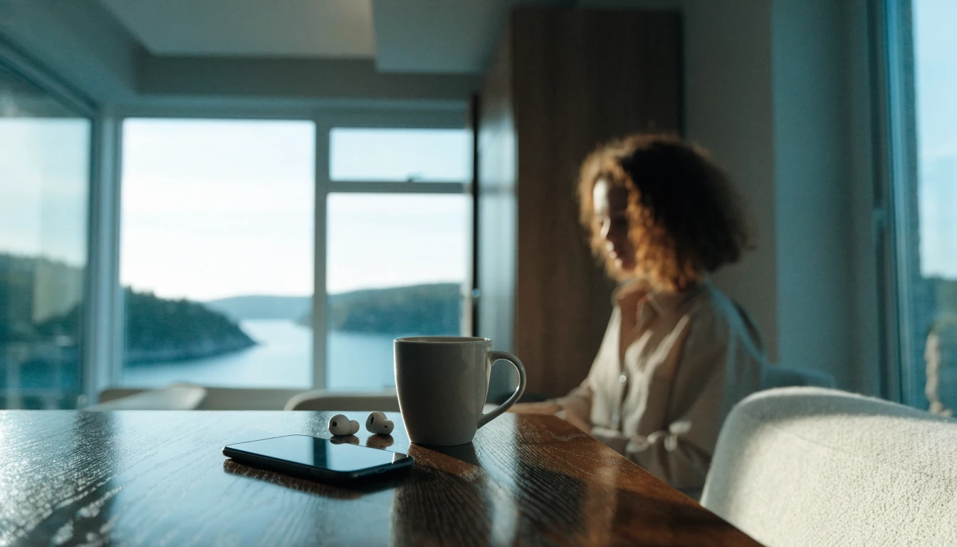 Moderne stue i Skandinavia med telefon, kaffekopp og trådløse ørepropper