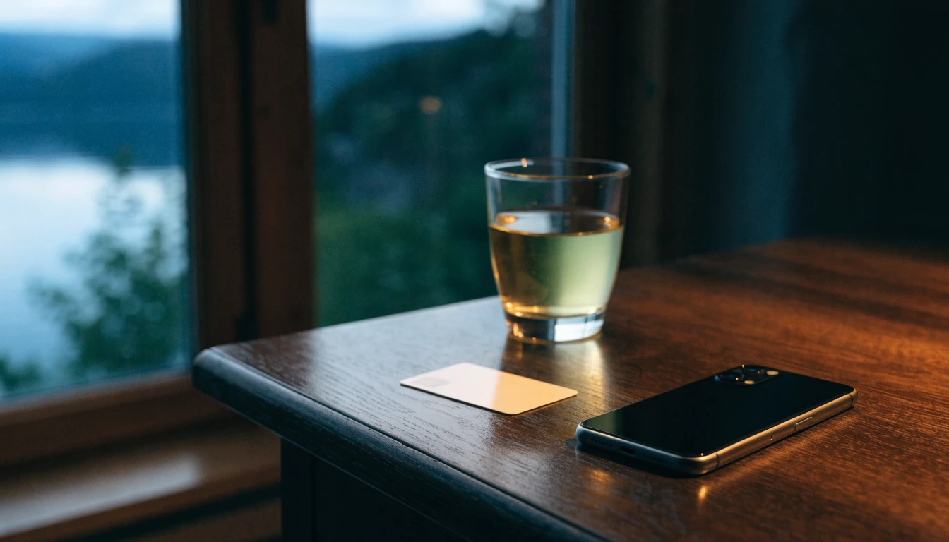 Mastercard-kort på skrivebord ved siden av telefon og norsk fjord-vindu