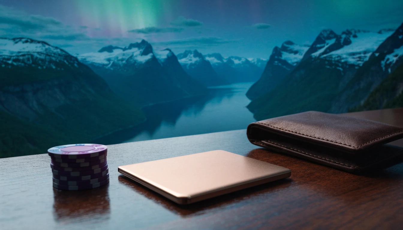 E-lommebok og casinobrikker på et norsk fjordlandskap i kveldslys