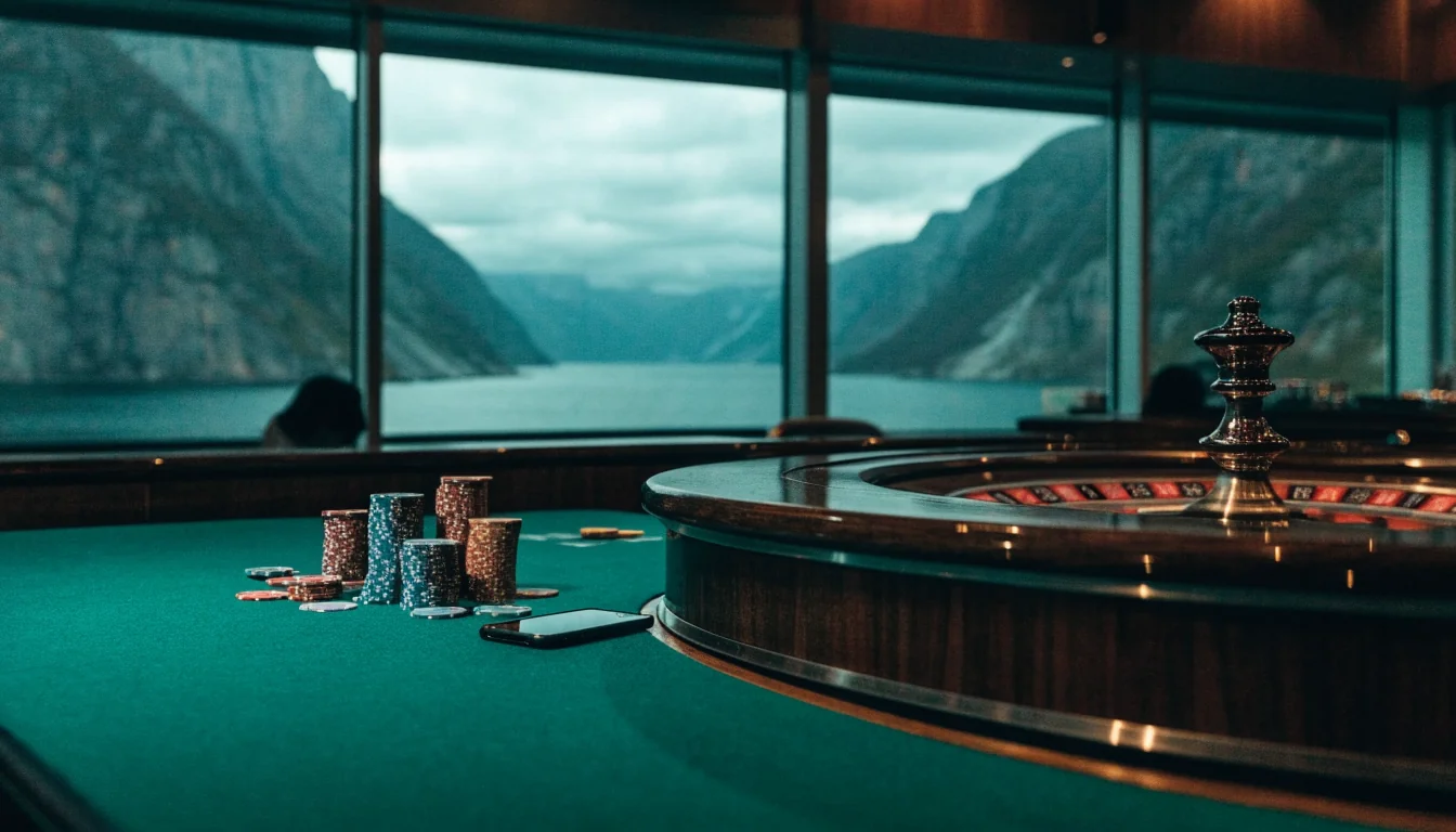 Norsk casinobord med ruletthjul og sjetonger, fjordlandskap gjennom vinduet