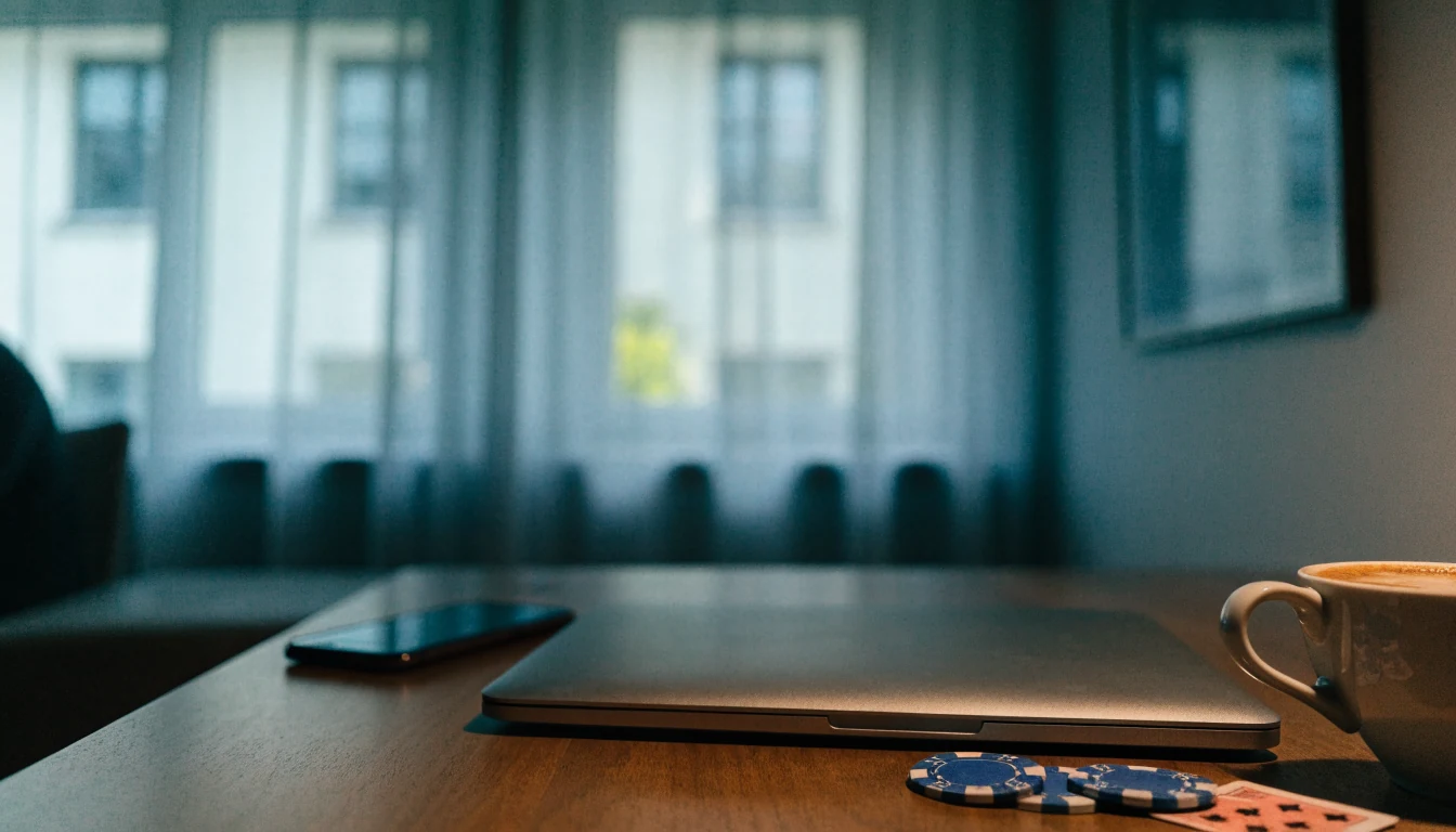Stengt laptop og telefon vendt ned på et bord med pokerjetonger i en koselig norsk stue