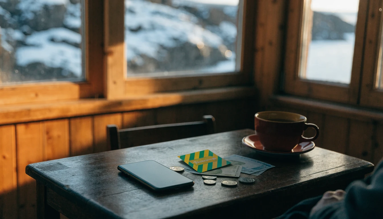 Paysafecard-kupong og norske kroner på et bord i en norsk hytte