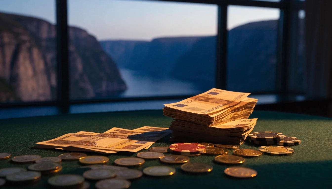 Norske pengesedler, casinoflak og mynter på filtbord med fjord i bakgrunnen