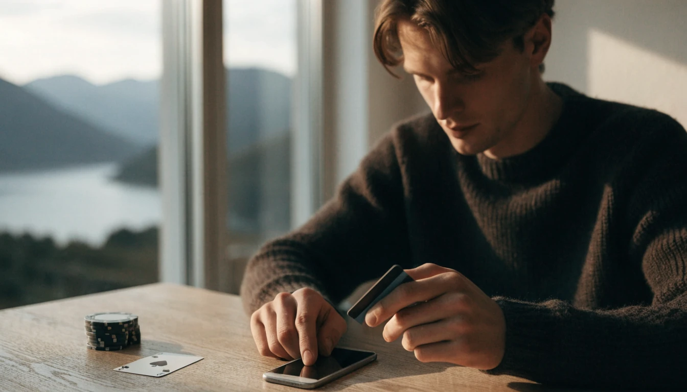 Nordmann ved bord med casinobrikker og telefon som betaler med kort