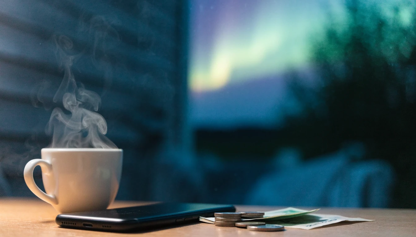 Smarttelefon ved siden av kaffe og norske kroner under nordlys