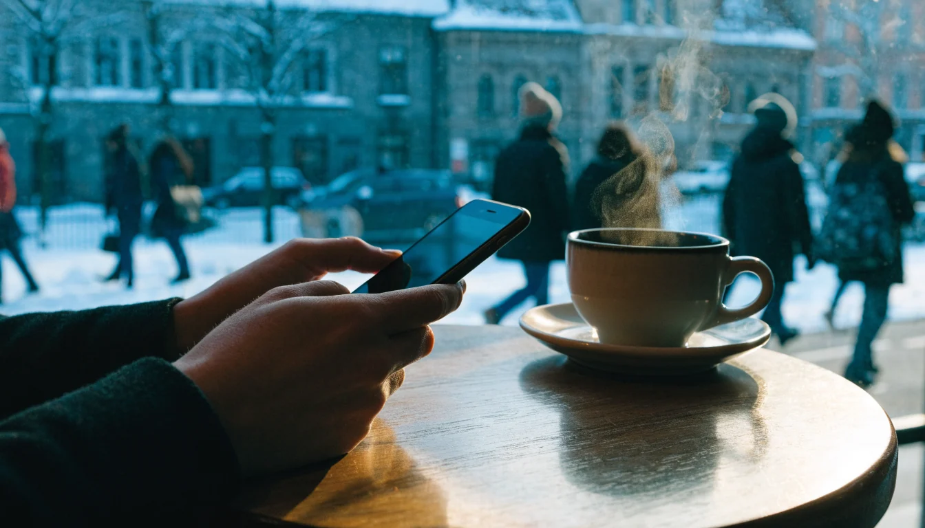 Hender som holder en telefon med Vipps-betaling på en kafé i Oslo
