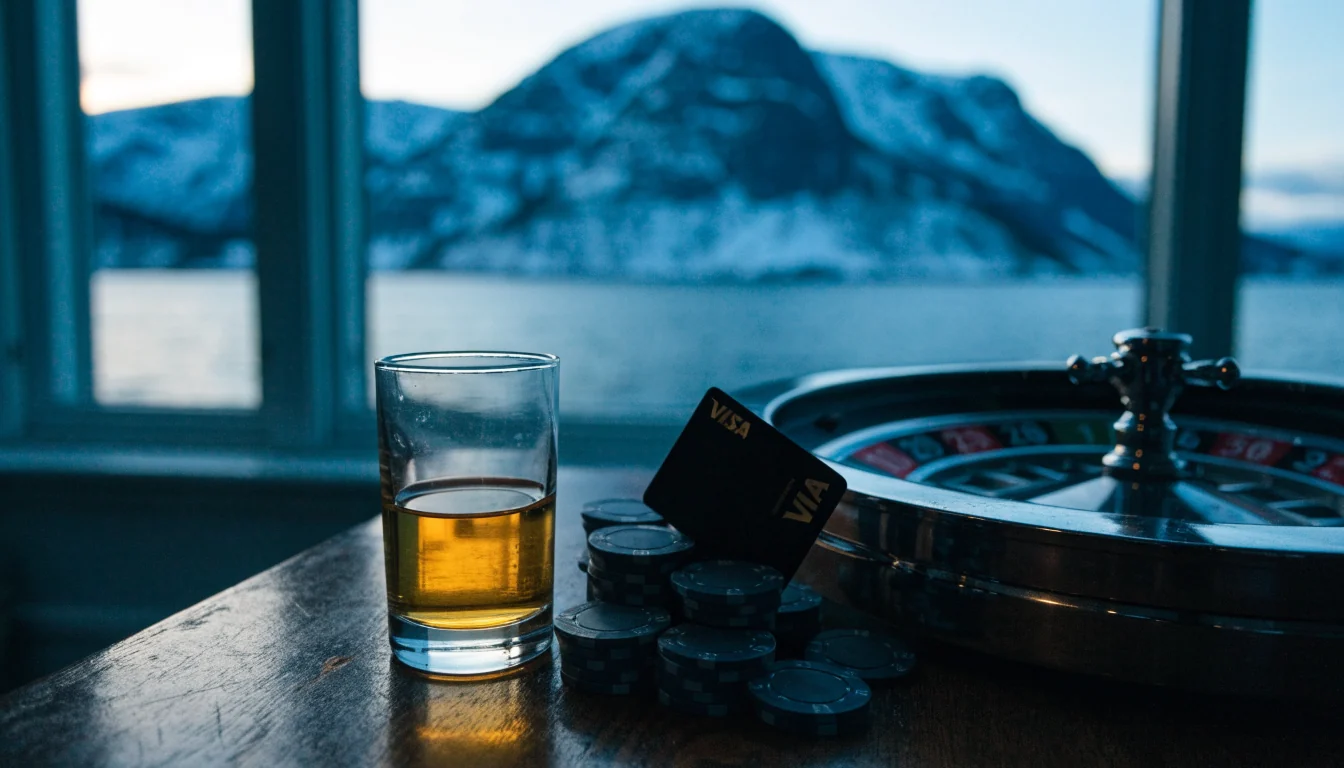 Visa-kort, jetonger og rulett på et norsk spillebord