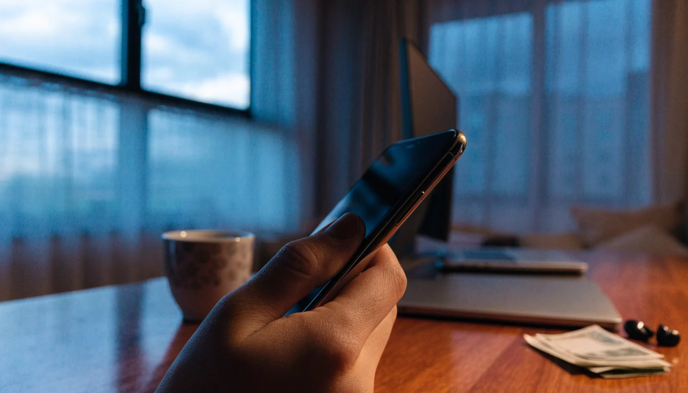 Hånd som holder en smarttelefon ved et bord i en moderne norsk stue