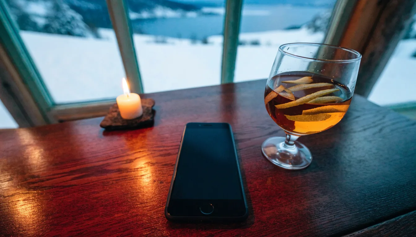 Android-telefon på et trebord i en norsk hytte med vinterlandskap