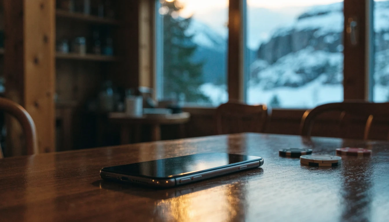 iPhone på et norsk hyttebord ved siden av pokerjetonger