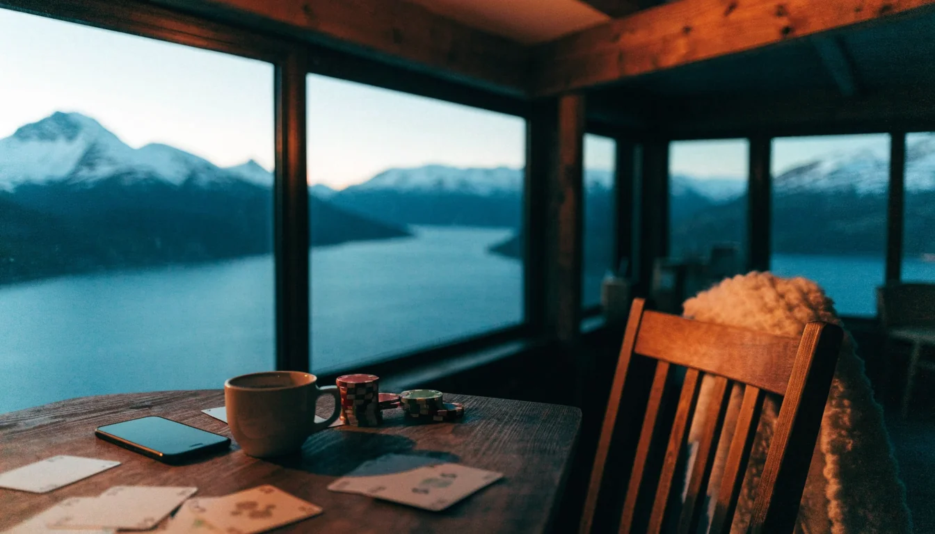 Koselig norsk hytte med casinobrikker, kort og utsikt over en fjord