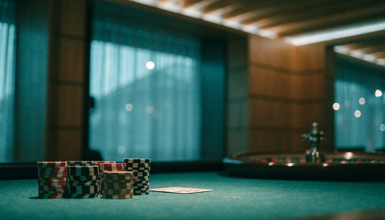 Bord i moderne skandinavisk casino med jetonger og roulette
