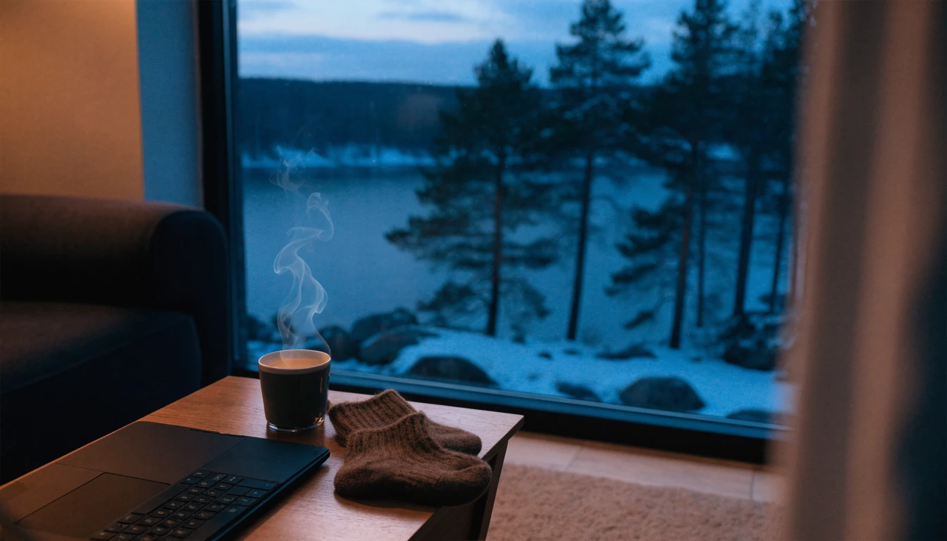 Stille kveld i en norsk stue med bærbar PC og utsikt over fjord