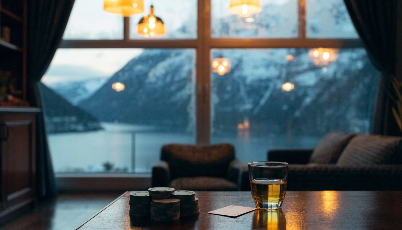 Norsk lounge med casinobrikker, akvavit og utsikt over fjord