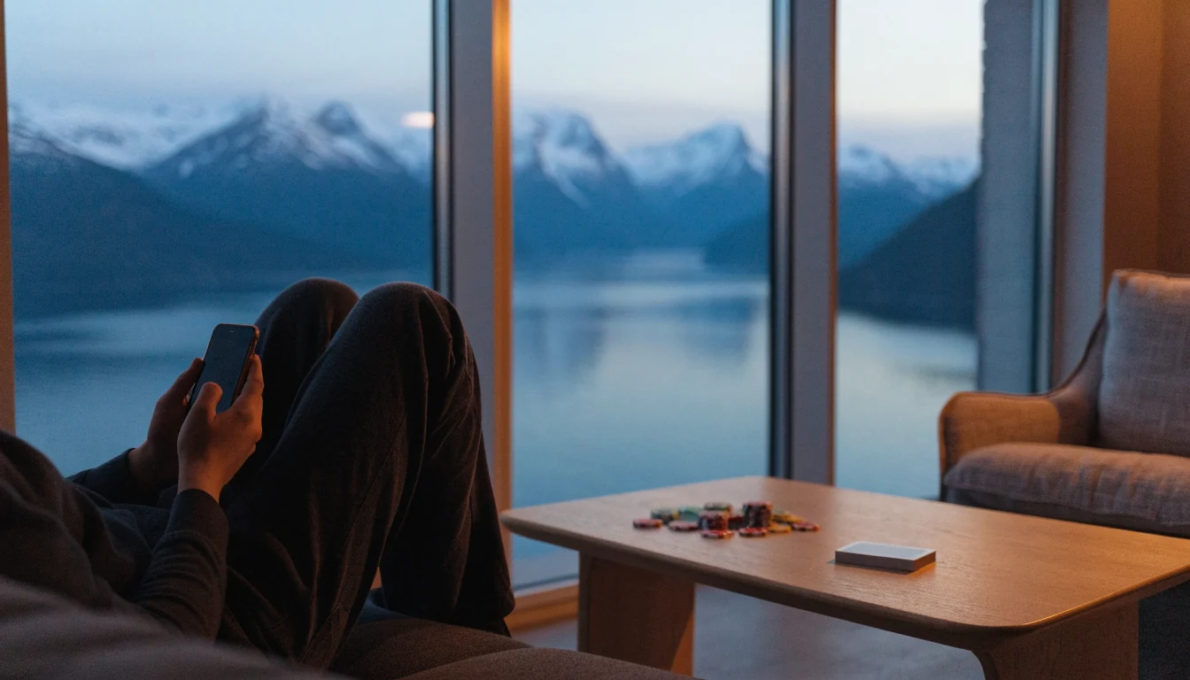Ung norsk person i stue med telefon, casinobrikker og utsikt mot fjord