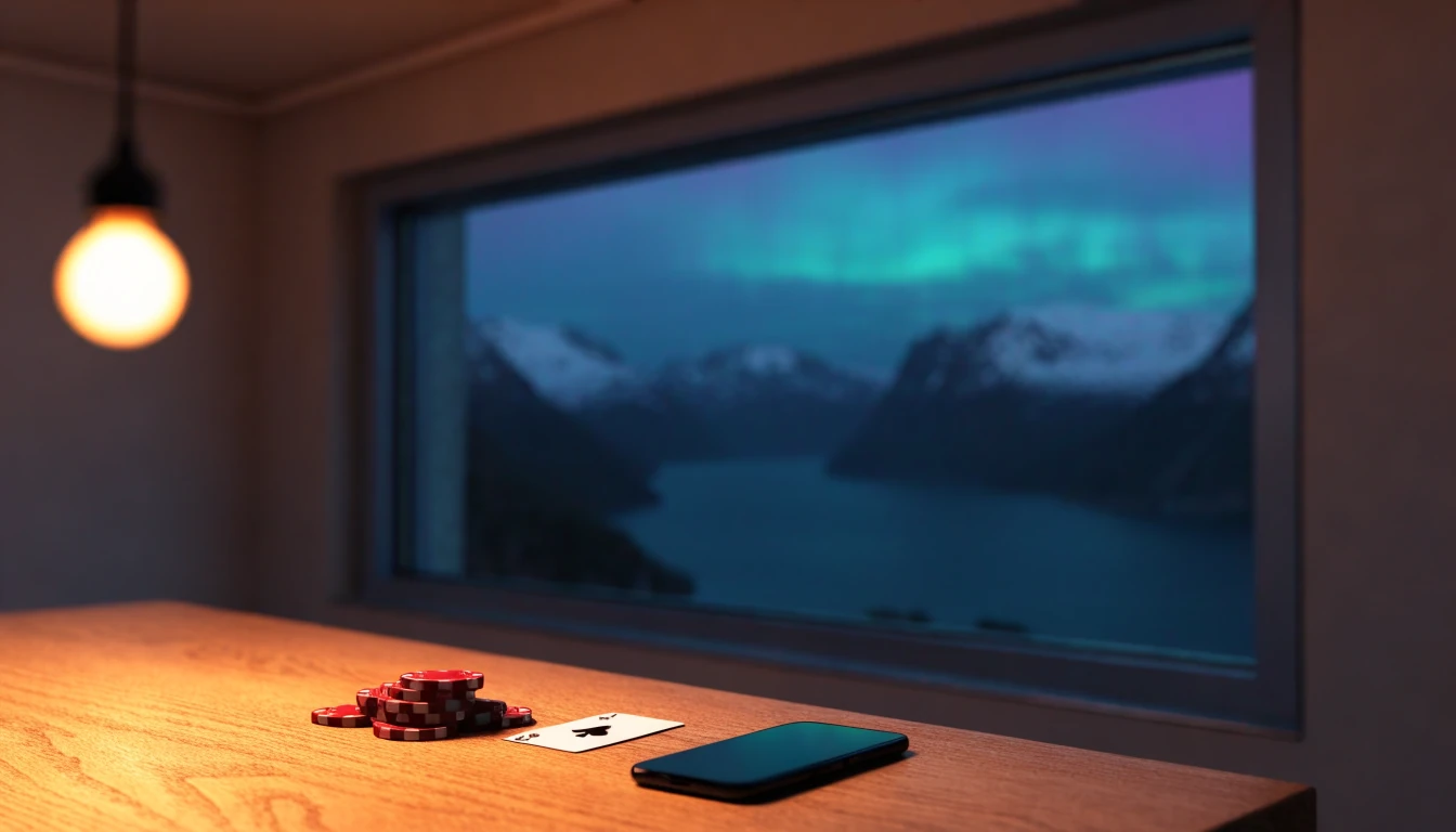 Smarttelefon vendt ned på bord, casinojetonger og norsk fjord med nordlys gjennom vindu