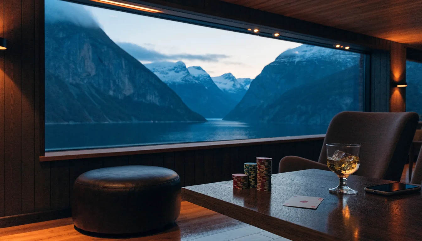 Moderne norsk stue med casinobrikker, aquavit og utsikt over en fjord i skumringen